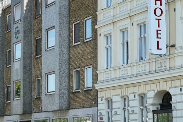 Street view of distinctive urban architecture in Malmö, Sweden.
